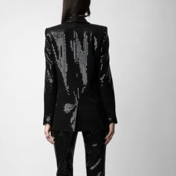 Zadig & Voltaire Vive Sequin Tuxedo Blazer Black Sparkle Jacket Womens M 38 - Picture 6 of 13